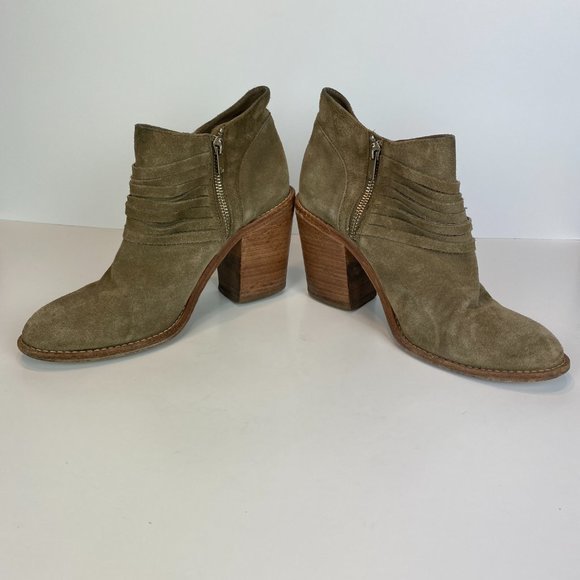 Loeffler Randall Ankle Booties 9 Khaki Green Gray Suede Leather Stacked Heel - Picture 8 of 16